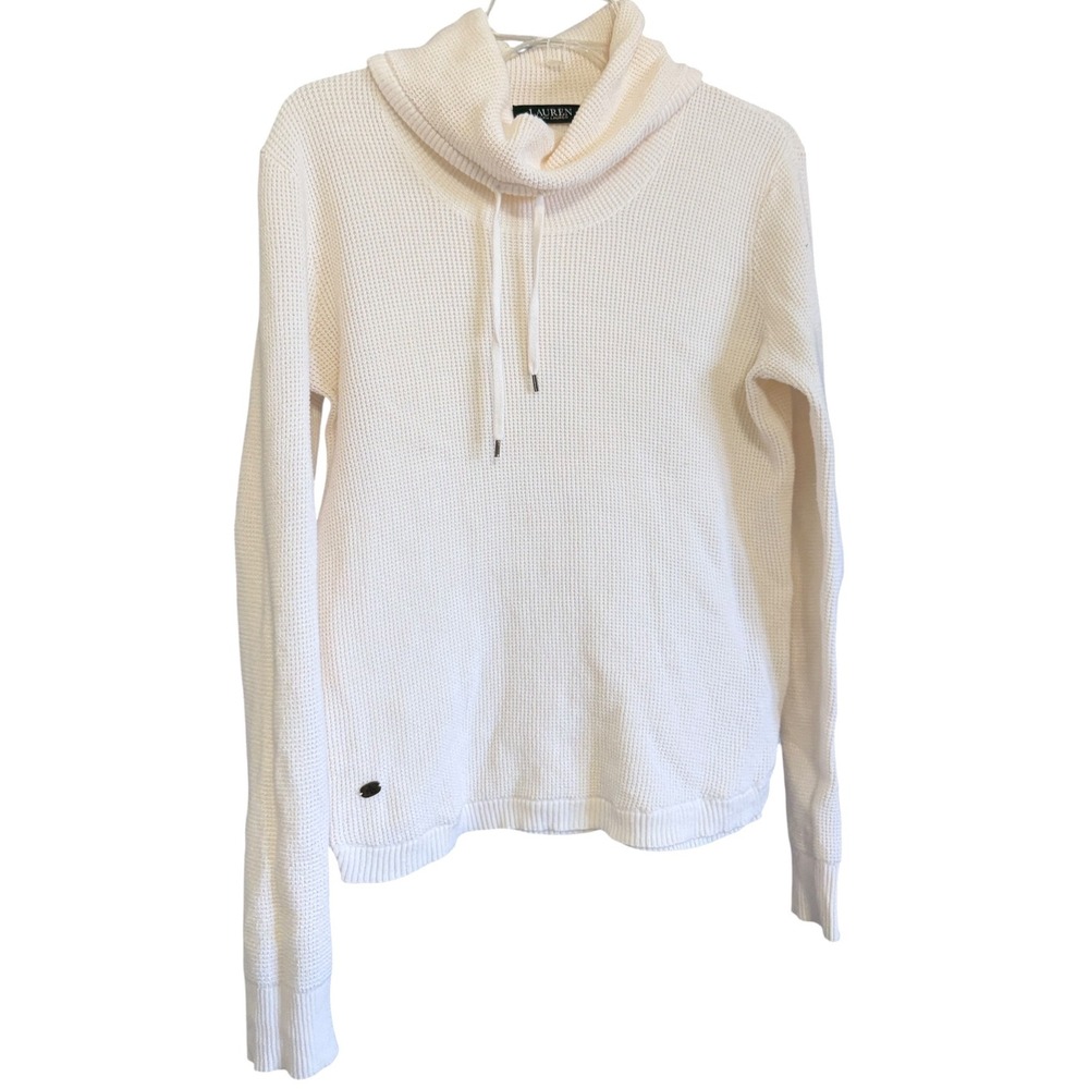 Lauren Ralph Lauren Cream Waffle Knit Cowl Neck Drawstring Cotton Sweater M Cozy